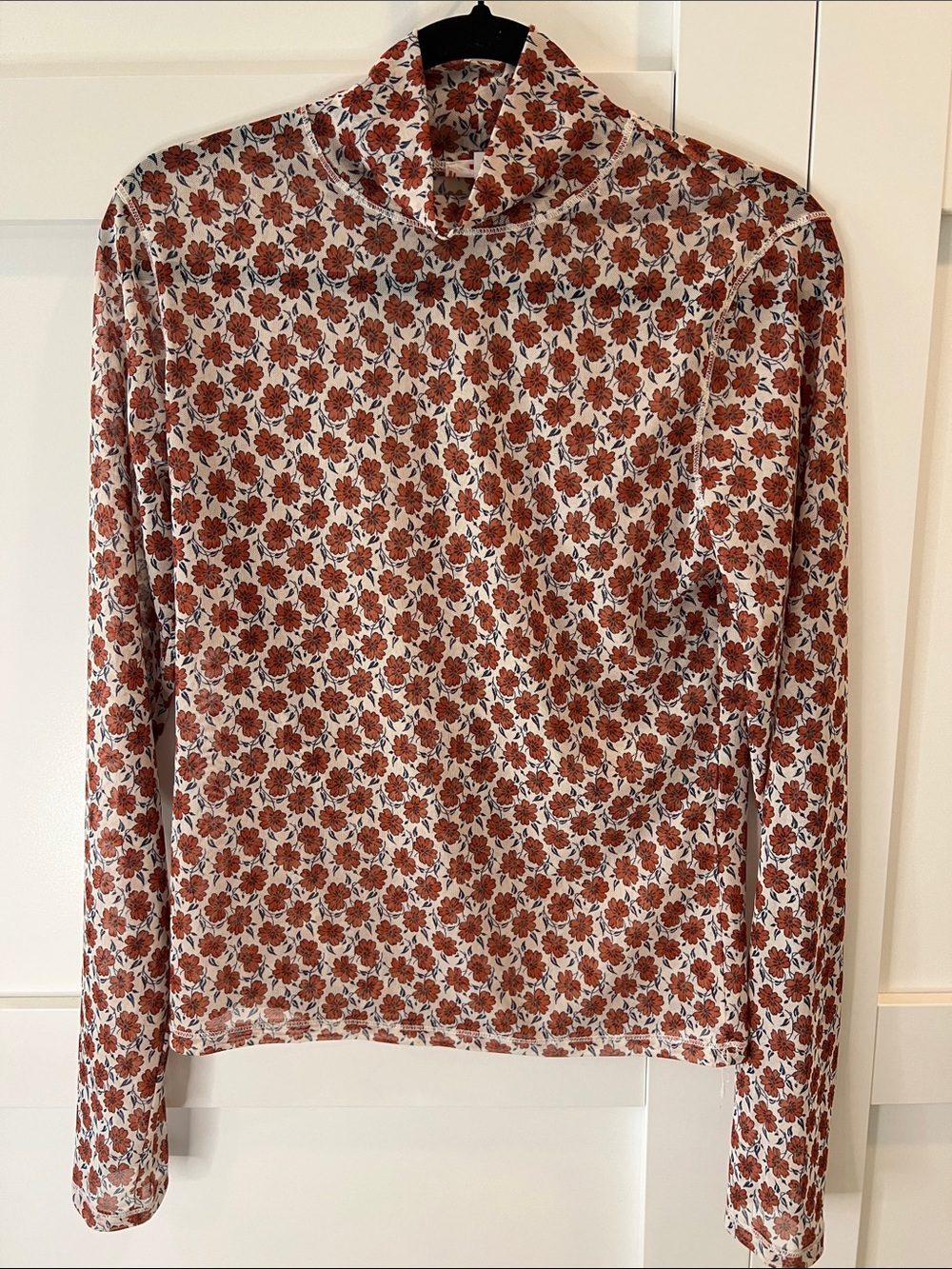 Levi's Mesh Cream Long-Sleeve Mock Neck Top with Rust Floral Print